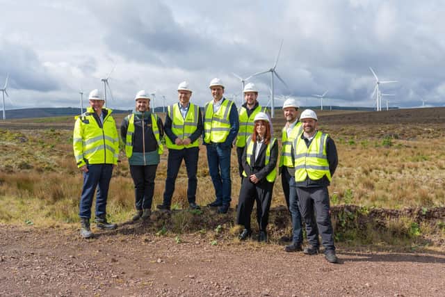 l-r: Richard Dunkley - CEO (OnPath Energy), Gordon Thomson - Projects Director (OnPath Energy), Michael Shanks -  Parliamentary Undersecretary of State, Anas Sarwar – Leader of Scottish Labour Party, Lee Wilkinson – Senior Police and Market Affairs Manager (OnPath Energy), Aileen McCreadie – Partnerships & Community Manager (OnPath Energy), Robin Winstanley – Sustainability & Community Director (OnPath Energy), Euan Wright – Wind Farm Manager (Kype Muir Wind Farm)