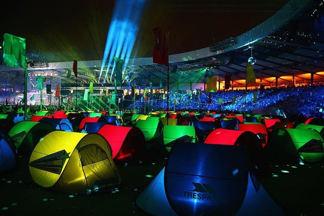 A scene depicting a music festival during the Closing Ceremony for the Glasgow 2014 Commonwealth Games at Hampden Park on August 3, 2014 in Glasgow.