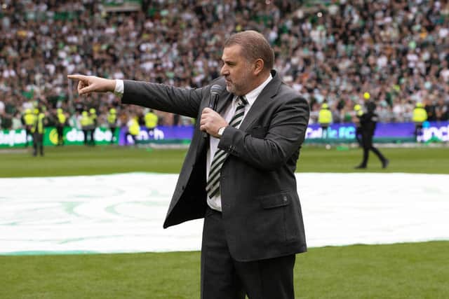 Ange Postecoglou addresses the Celtic fans after the 5-0 win over Aberdeen.