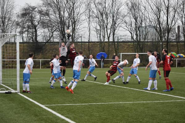 Kirkintilloch Rob Roy in action last year with Benburb, against whom they kick off the new league season at New Tinto Park this Saturday (picture by Neil Anderson)