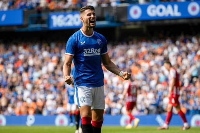 Antonio Colak celebrates scoring to make it 2-0 Rangers. (Photo by Craig Williamson / SNS Group)