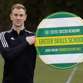 Joe Hart promotes the Celtic Soccer Academy Easter Skills School courses during a Celtic training session at Lennoxtown.