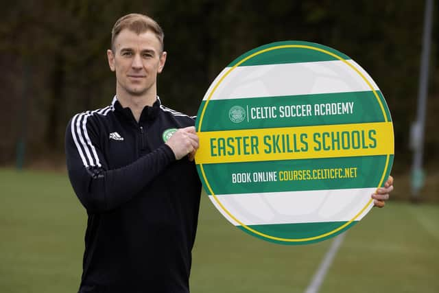 Joe Hart promotes the Celtic Soccer Academy Easter Skills School courses during a Celtic training session at Lennoxtown.