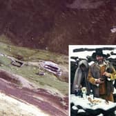 An aerial view taken by Ed of the Windgate Bastle House near Coulter. Inset: The late Tam Ward brings in the New Year at Glenochar, dressed as the Laird!