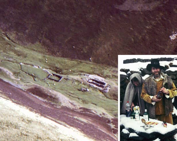 An aerial view taken by Ed of the Windgate Bastle House near Coulter. Inset: The late Tam Ward brings in the New Year at Glenochar, dressed as the Laird!