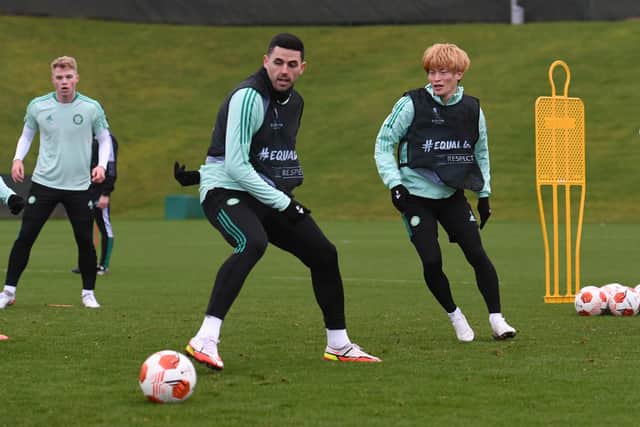 Celtic's Tom Rogic and Kyogo Furuhashi during a training session ahead of tonight's match.