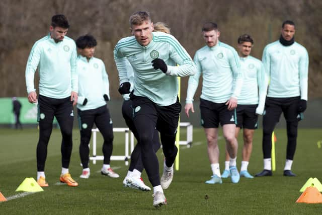 Carl Starfelt during a Celtic training session at Lennoxtown.