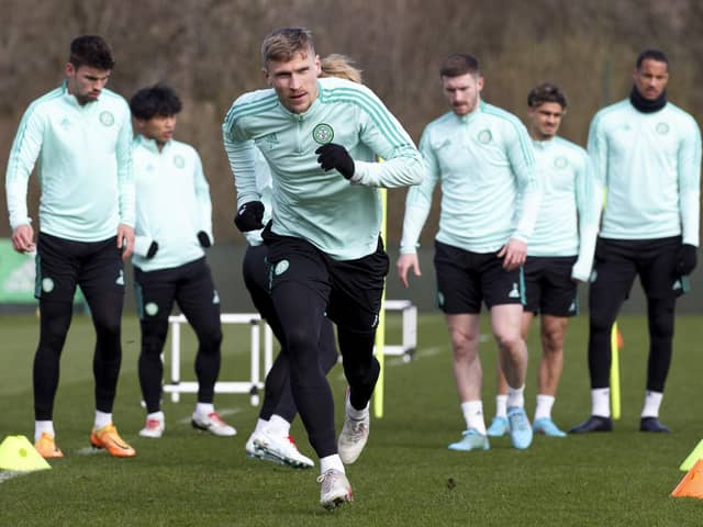 Carl Starfelt during a Celtic training session at Lennoxtown.