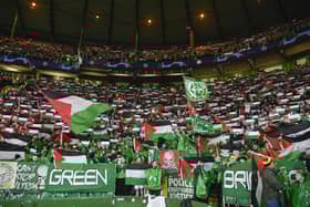 Celtic fan group, the Green Brigade, hold up Palestine flags during the UEFA Champions League match against Atletico Madrid. (Photo by Rob Casey / SNS Group)