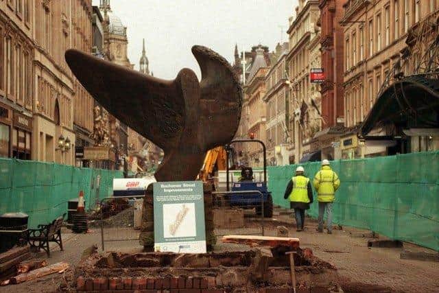 Sculpture The Spirit of Kentigern shortly before removal during the reconstruction of Buchanan Street.