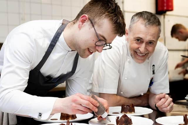 Head Chef Coalin Finn and Chef Michel Roux Jr. in the kitchen