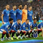 Players of Rangers pose prior to the UEFA Champions League Play-Off First Leg match between Rangers FC and PSV Eindhoven at Ibrox Stadium on August 16, 2022 in Glasgow, Scotland. (Photo by Ian MacNicol/Getty Images)