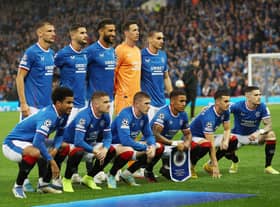 Players of Rangers pose prior to the UEFA Champions League Play-Off First Leg match between Rangers FC and PSV Eindhoven at Ibrox Stadium on August 16, 2022 in Glasgow, Scotland. (Photo by Ian MacNicol/Getty Images)