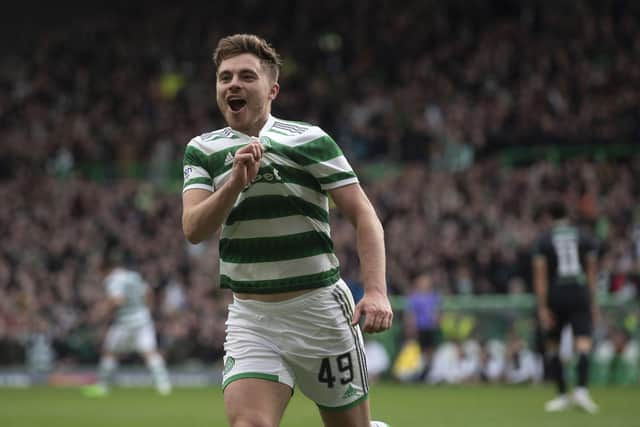 James Forrest celebrates after scoring to make it 4-1 Celtic - his 100th goal for the club.