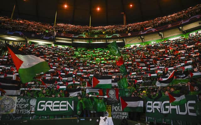 The Green Brigade hold up flags during a Champions League match against Atletico Madrid.