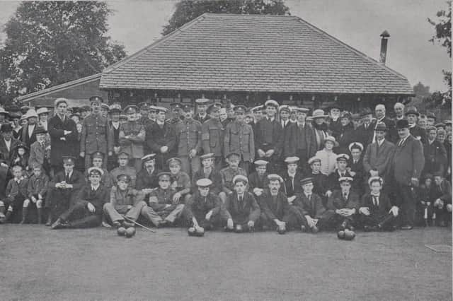 This image depicts the wounded soldiers and sailors who were entertained at Biggar Bowling Club in August 1917, following their dedicated service to Queen and country during World War One.
