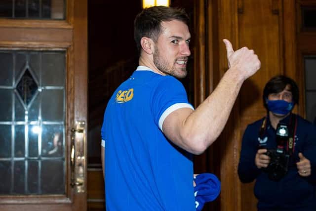 Aaron Ramsey is pictured at Ibrox Stadium after sealing a loan move to Rangers from Juventus, on January 31, 2022, in Glasgow, Scotland.  (Photo by Ross MacDonald / SNS Group)
