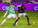 Celtic's new signing Kyogo Furuhashi (left) makes his debut as he competes with Hearts' debutant Beni Baningime during the cinch Premiership match between Hearts and Celtic at Tynecastle, on July 31, 2021. (Photo by Alan / SNS Group)