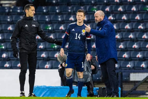 Steve Clarke gives Callum McGregor instruction before sending him on against Moldova, (Photo by Craig Williamson / SNS Group)
