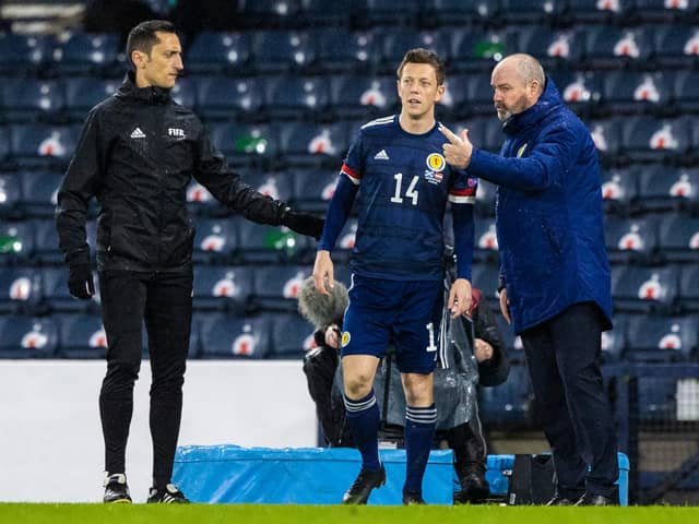 Steve Clarke gives Callum McGregor instruction before sending him on against Moldova, (Photo by Craig Williamson / SNS Group)