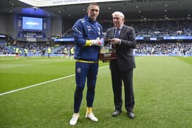 John Greig makes a presentation to Allan McGregor ahead of his 500th appearance for Rangers.