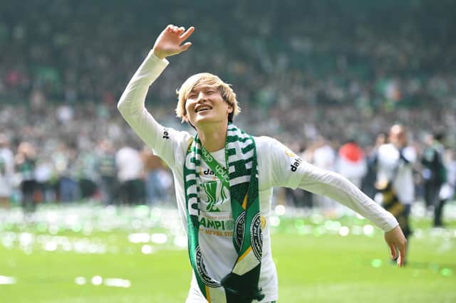Kyogo Furuhashi celebrates at Celtic Park on presentation day for the cinch Premiership trophy. A success he attributes to the club's squad benefiting from  Ange Postecoglou's "ideas". (Photo by Ross MacDonald / SNS Group)