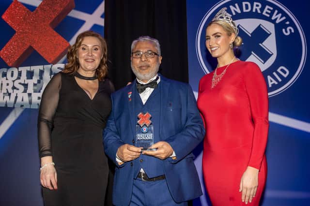 Raza Sadiq flanked by awards host Jane McCarry and Miss Scotland Claudia Todd