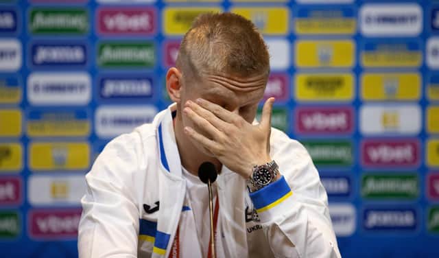 An emotional Oleksandr Zinchenko during Ukraine media access at Hampden Park.