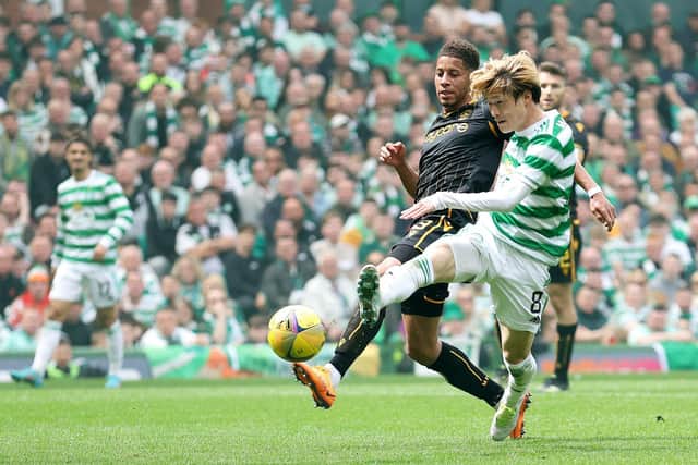 Kyogo Furuhashi scores Celtic's third goal against Motherwell (Pics by Ian MacNicol/Getty Images)