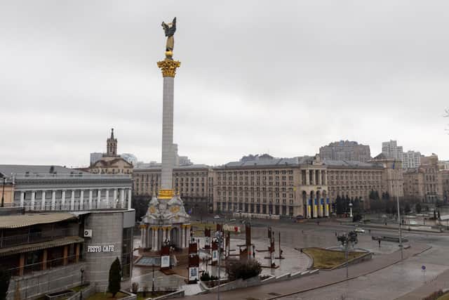 A general view of a near empty Independence Square on February 24, 2022 in Kyiv, Ukraine. Overnight, Russia began a large-scale attack on Ukraine, with explosions reported in multiple cities and far outside the restive eastern regions held by Russian-backed rebels. (Photo by Chris McGrath/Getty Images)