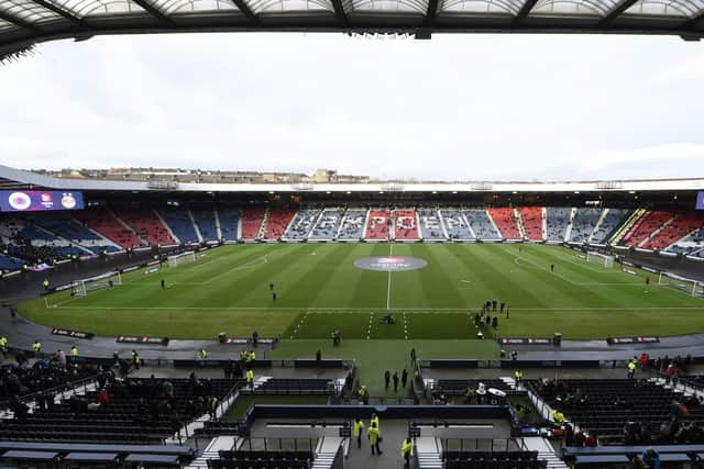 The Hampden pitch looking significantly better at distance than it played shortly  before Rangers Viaplay Cup semi-final over Aberdeen on Sunday afternoon. (Photo by Ross MacDonald / SNS Group)