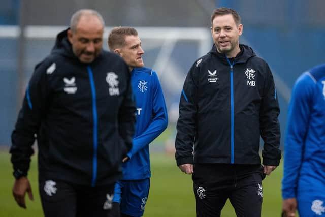 Rangers midfielder Steven Davis with manager Michael Beale at the club's training centre. (Photo by Craig Williamson / SNS Group)