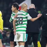 Celtic Manager Ange Postecoglou and Daizen Maeda during a Cinch Premiership match between Celtic and Hibernian at Celtic Park, on January 17. (Photo by Alan Harvey / SNS Group)