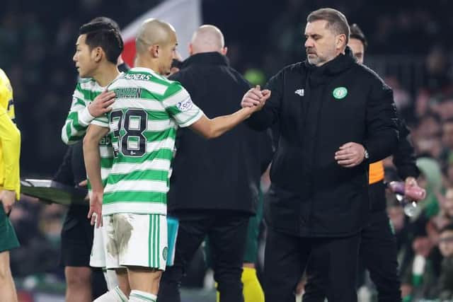 Celtic Manager Ange Postecoglou and Daizen Maeda during a Cinch Premiership match between Celtic and Hibernian at Celtic Park, on January 17. (Photo by Alan Harvey / SNS Group)