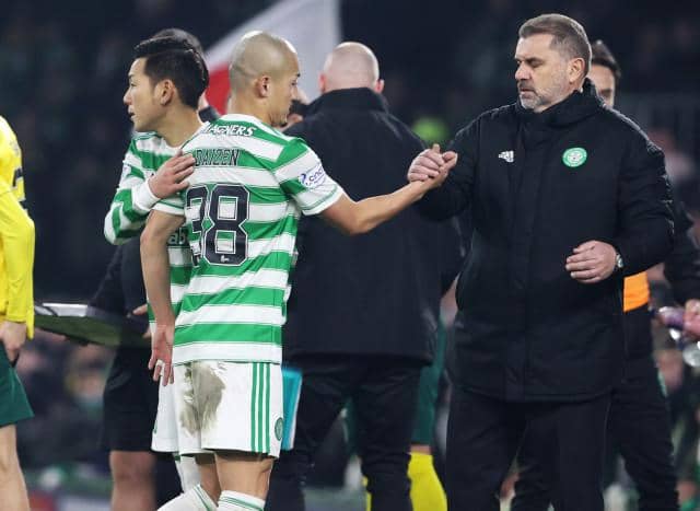 Celtic Manager Ange Postecoglou and Daizen Maeda during a Cinch Premiership match between Celtic and Hibernian at Celtic Park, on January 17. (Photo by Alan Harvey / SNS Group)