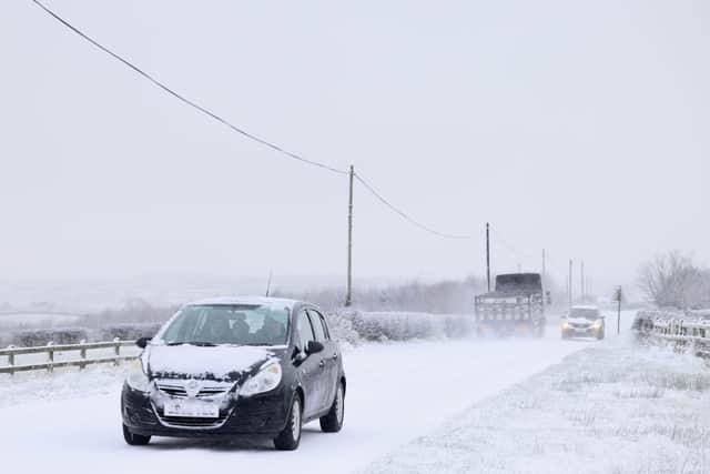 The roads in Armoy this morning proved difficult to pass with heavy overnight snow and ice.
As sub-zero temperatures swept across Northern Ireland overnight, warnings are in place for drivers to take care on roads.
Monday was a bitterly cold evening, with snow and ice taking hold from late afternoon.
The north west has been particularly badly hit.
Police in Derry said they dealt with 19 crashes in the city as well as city, Strabane, Slaughtmanus and Donemana.
"If you are driving, please slow down and keep a safe distance from the vehicle in front of you," police said.
A number of schools have also been closed.
Photo Stephen Davison/Pacemaker Press