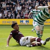 Kyogo Furuhashi opens the scoring for Celtic in the win over Hearts at Tynecastle.