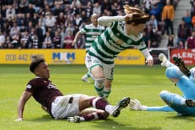 Kyogo Furuhashi opens the scoring for Celtic in the win over Hearts at Tynecastle.