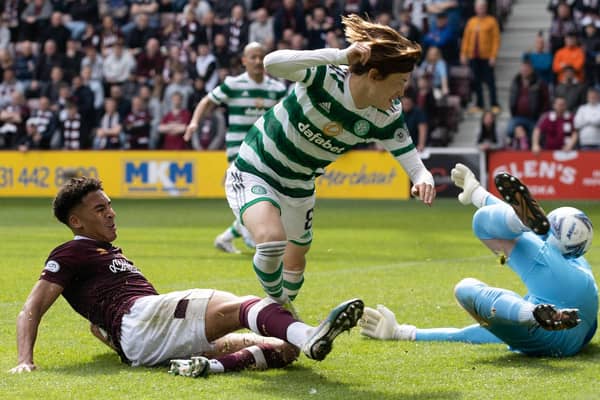 Kyogo Furuhashi opens the scoring for Celtic in the win over Hearts at Tynecastle.