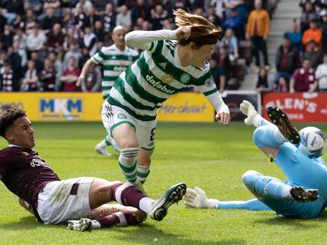 Kyogo Furuhashi opens the scoring for Celtic in the win over Hearts at Tynecastle.