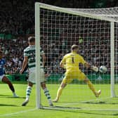 Alfredo Morelos scores a disallowed goal during the Cinch Scottish Premiership match between Celtic and Rangers.