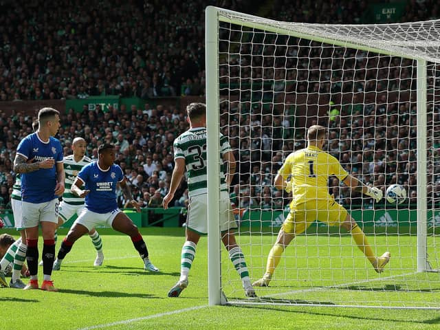 Alfredo Morelos scores a disallowed goal during the Cinch Scottish Premiership match between Celtic and Rangers.