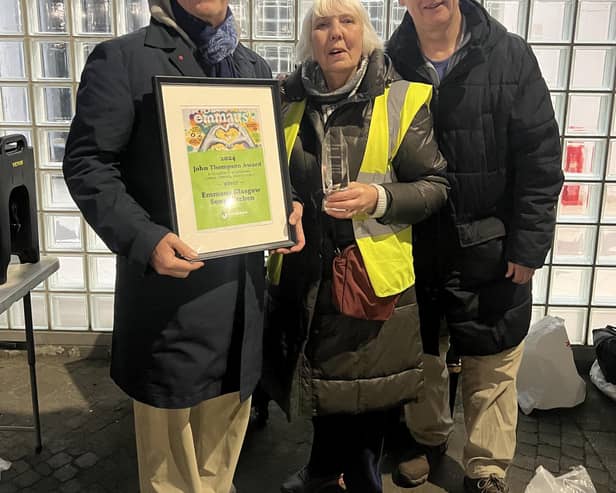 Emmaus Glasgow volunteers Paul, Jean and Jim at the soup kitchen on Cadogan Street in the city