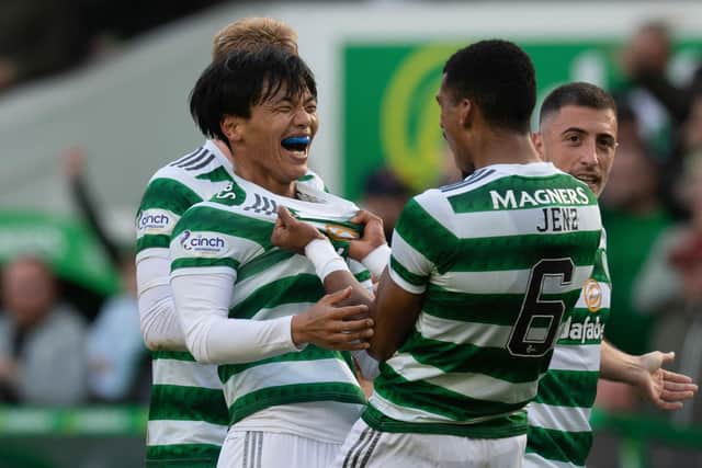 Celtic's Reo Hatate celebrates as he makes it 2-1 during a cinch Premiership match between Celtic and Motherwell at Celtic Park, on October 01, 2022, in Glasgow, Scotland. (Photo by Craig Foy / SNS Group)