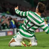 Celtic's Jota lets his emotions run loose in celebrating his first goal for his loan club ithat set them on the  way to a 3-0  home victory in their Premier Sports Cup quarter-final against Raith Rovers on Thursday night. (Photo by Craig Williamson / SNS Group)