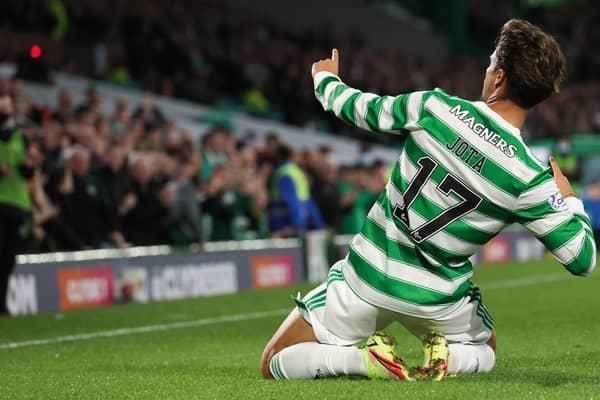 Celtic's Jota lets his emotions run loose in celebrating his first goal for his loan club ithat set them on the  way to a 3-0  home victory in their Premier Sports Cup quarter-final against Raith Rovers on Thursday night. (Photo by Craig Williamson / SNS Group)