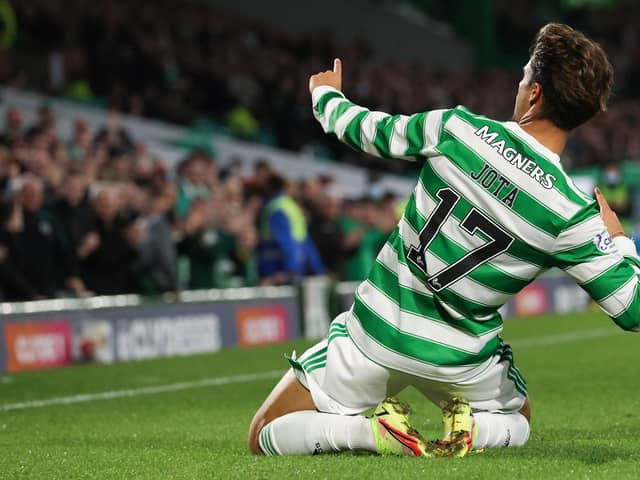 Celtic's Jota lets his emotions run loose in celebrating his first goal for his loan club ithat set them on the  way to a 3-0  home victory in their Premier Sports Cup quarter-final against Raith Rovers on Thursday night. (Photo by Craig Williamson / SNS Group)