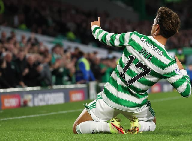 Celtic's Jota lets his emotions run loose in celebrating his first goal for his loan club ithat set them on the  way to a 3-0  home victory in their Premier Sports Cup quarter-final against Raith Rovers on Thursday night. (Photo by Craig Williamson / SNS Group)