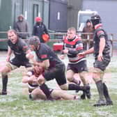 Biggar's Euan Stewart about to dive over for his second try (Pic by Nigel Pacey)