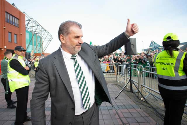 Postecoglou takes the acclaim of the Celtic fans after guiding the club to another Premiership title.